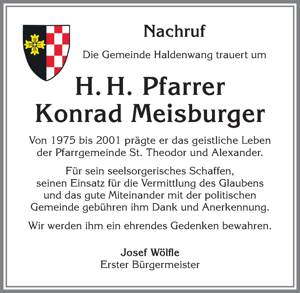  Traueranzeige für Konrad Meisburger vom 27.09.2023 aus Allgäuer Zeitung,Kempten