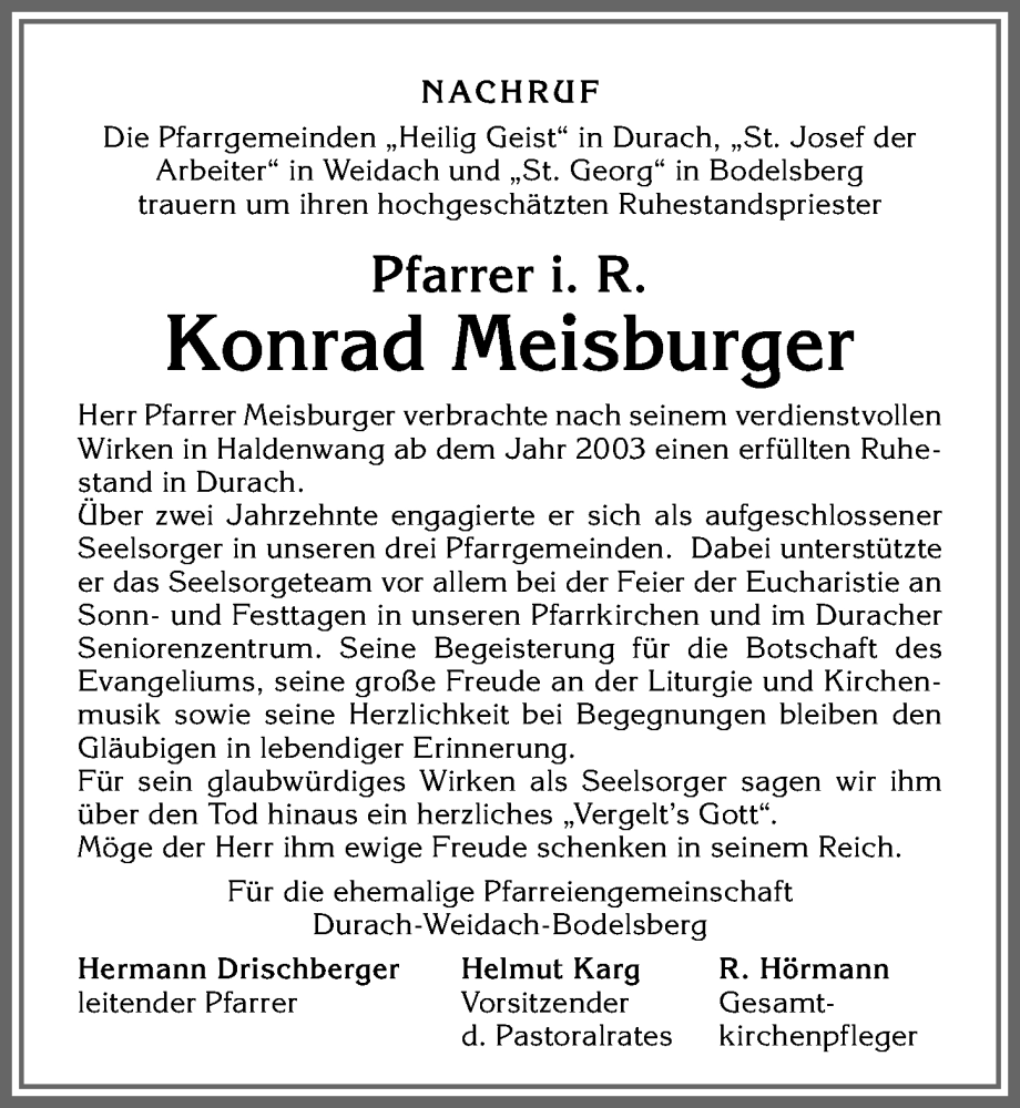  Traueranzeige für Konrad Meisburger vom 30.09.2023 aus Allgäuer Zeitung,Kempten