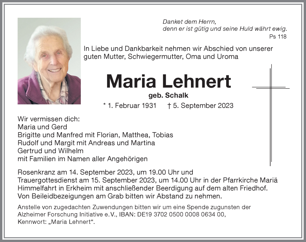 Traueranzeigen Von Maria Lehnert Augsburger Allgemeine Zeitung