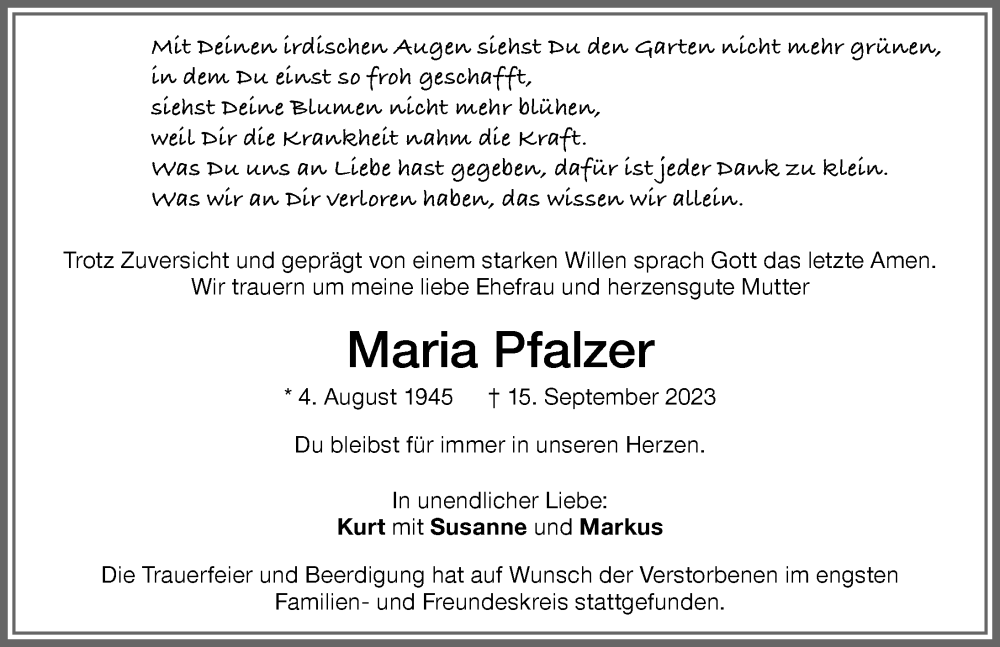 Traueranzeige von Maria Pfalzer von Memminger Zeitung