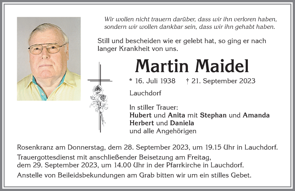  Traueranzeige für Martin Maidel vom 26.09.2023 aus Mindelheimer Zeitung, Augsburger Allgemeine