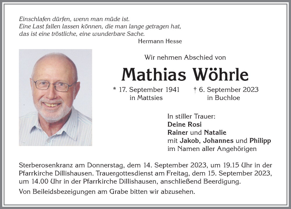 Traueranzeige von Mathias Wöhrle von Augsburger Allgemeine, Mindelheimer Zeitung