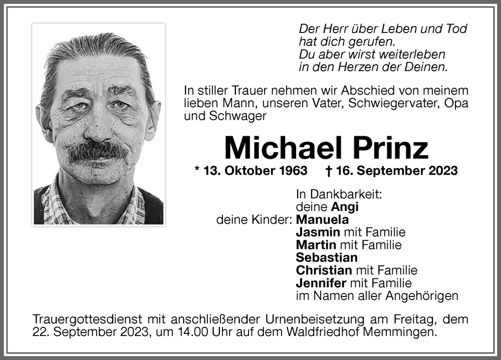  Traueranzeige für Michael Prinz vom 20.09.2023 aus Memminger Zeitung