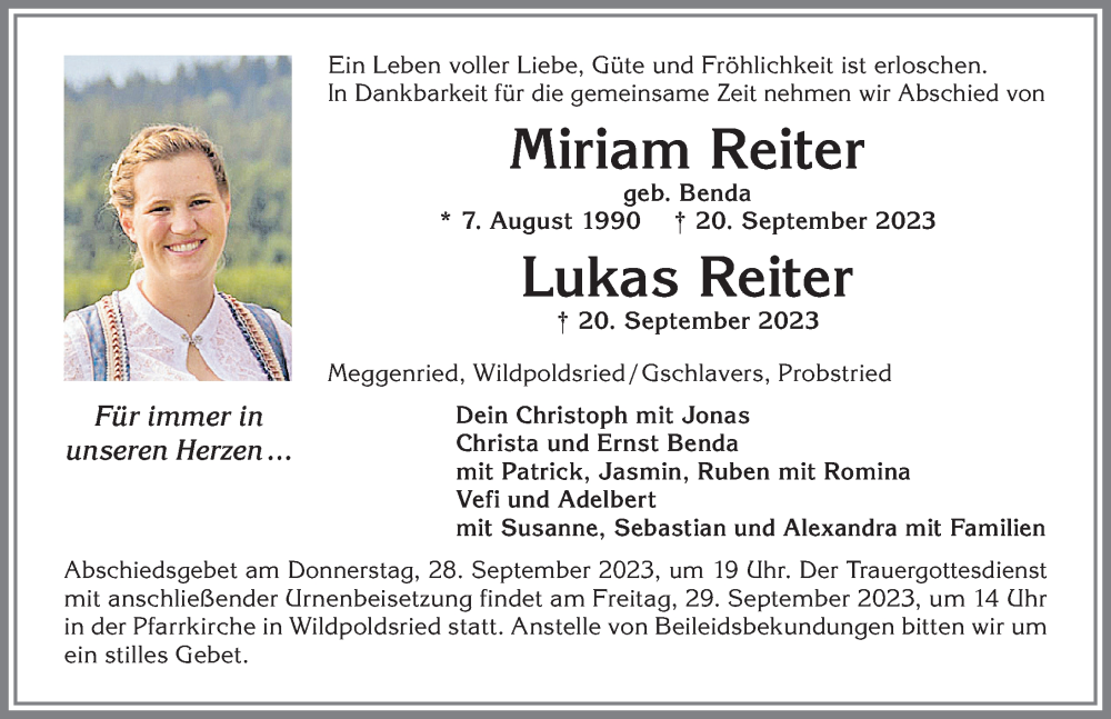 Traueranzeige von Miriam Reiter von Allgäuer Zeitung,Kempten