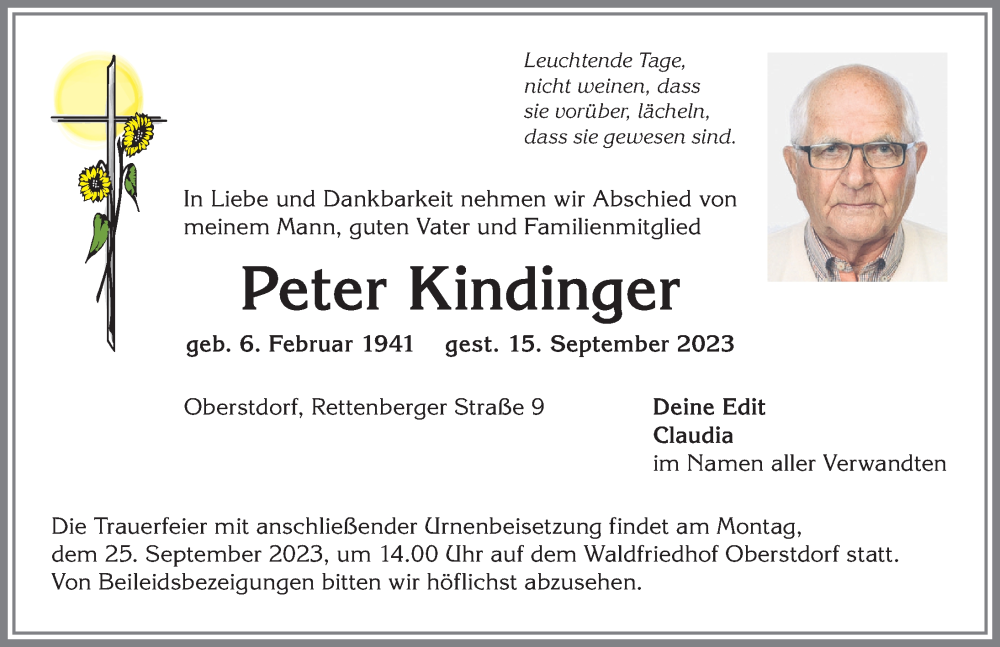 Traueranzeige von Peter Kindinger von Allgäuer Anzeigeblatt