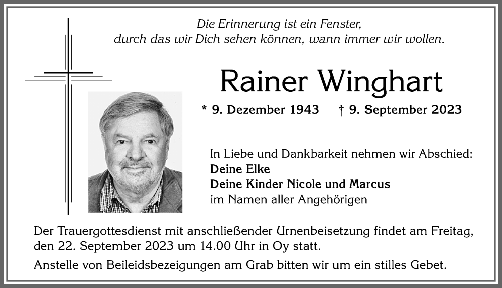 Traueranzeige von Rainer Winghart von Allgäuer Zeitung,Kempten