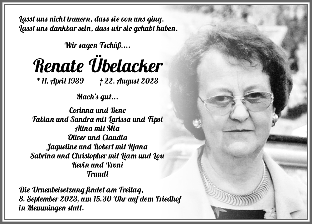  Traueranzeige für Renate Übelacker vom 02.09.2023 aus Memminger Zeitung