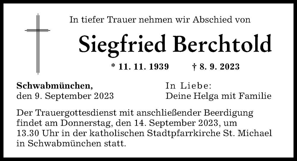 Traueranzeige von Siegfried Berchtold von Allgäuer Zeitung, Kaufbeuren/Buchloe