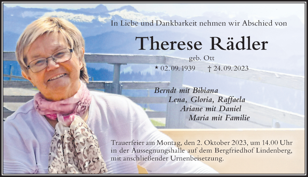 Traueranzeige von Therese Rädler von Der Westallgäuer