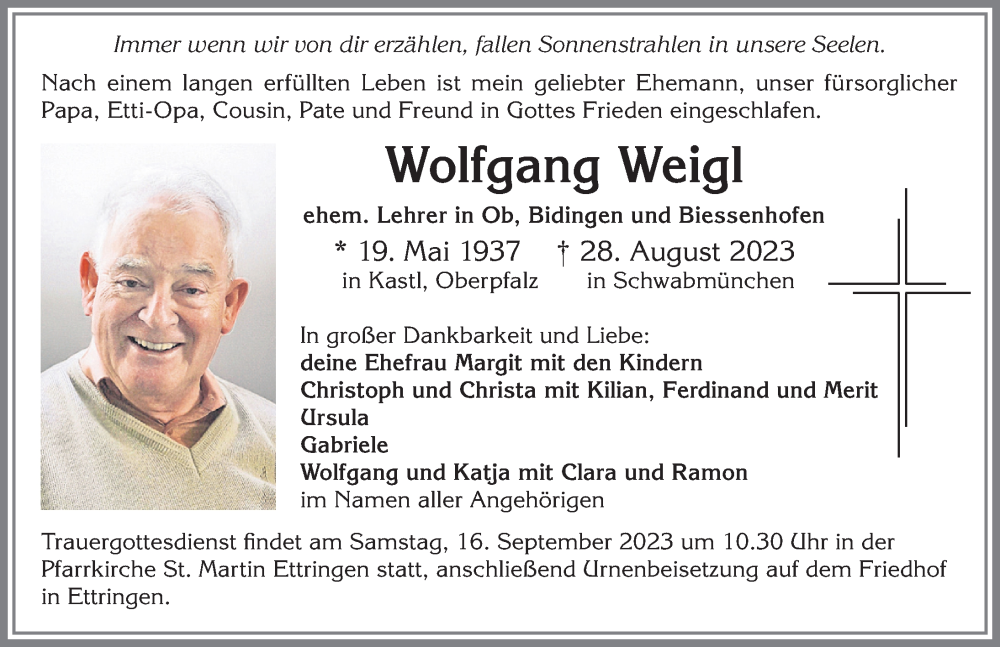 Traueranzeige von Wolfgang Weigl von Allgäuer Zeitung, Marktoberdorf