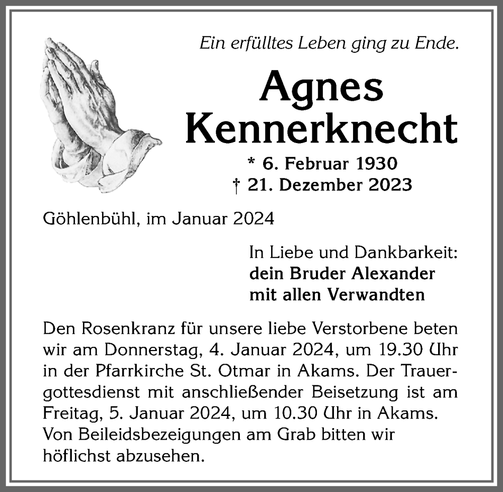 Traueranzeige von Agnes Kennerknecht von Allgäuer Anzeigeblatt