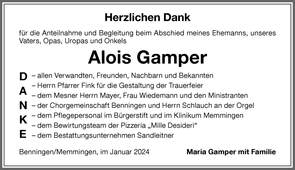 Traueranzeige von Alois Gamper von Memminger Zeitung