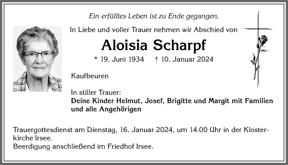 Traueranzeige von Aloisia Scharpf von Allgäuer Zeitung, Kaufbeuren/Buchloe
