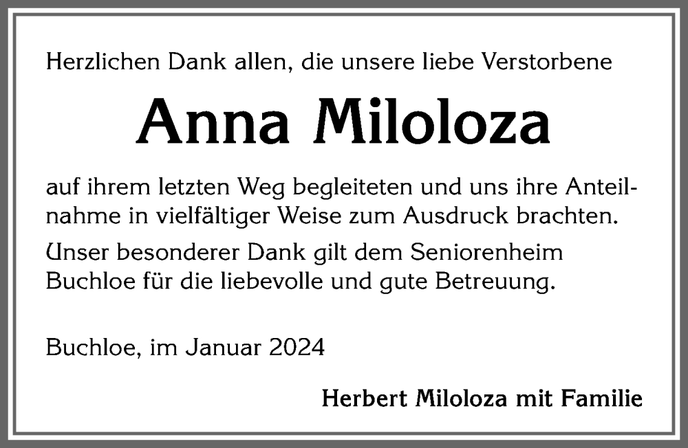 Traueranzeige von Anna Miloloza von Allgäuer Zeitung, Kaufbeuren/Buchloe