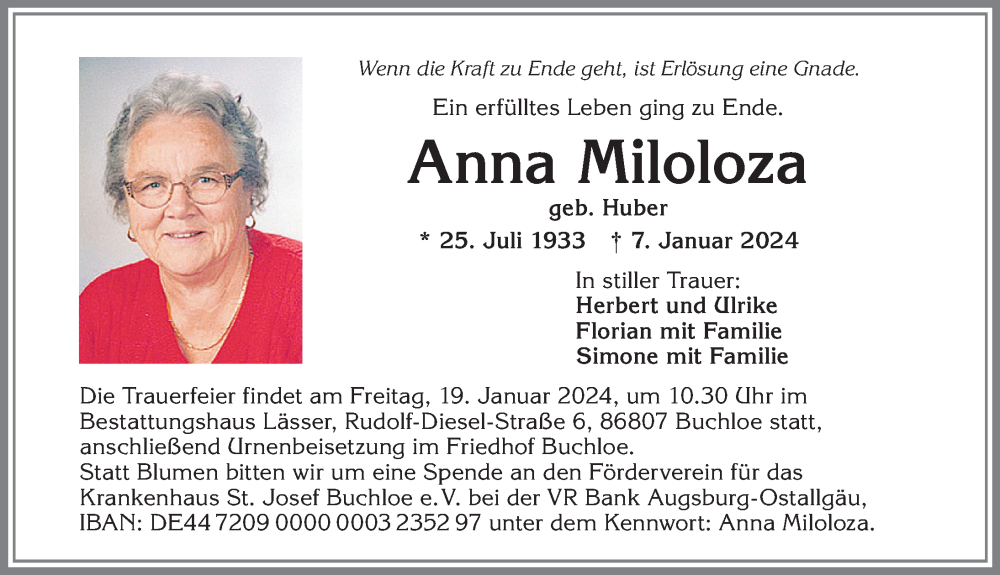 Traueranzeige von Anna Miloloza von Allgäuer Zeitung, Kaufbeuren/Buchloe