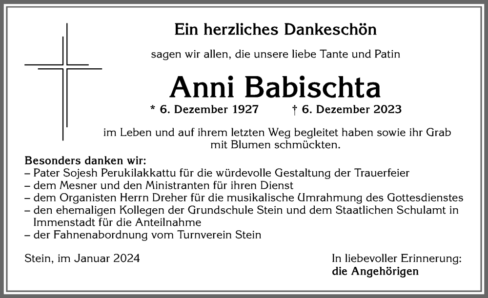 Traueranzeige von Anni Babischta von Allgäuer Anzeigeblatt