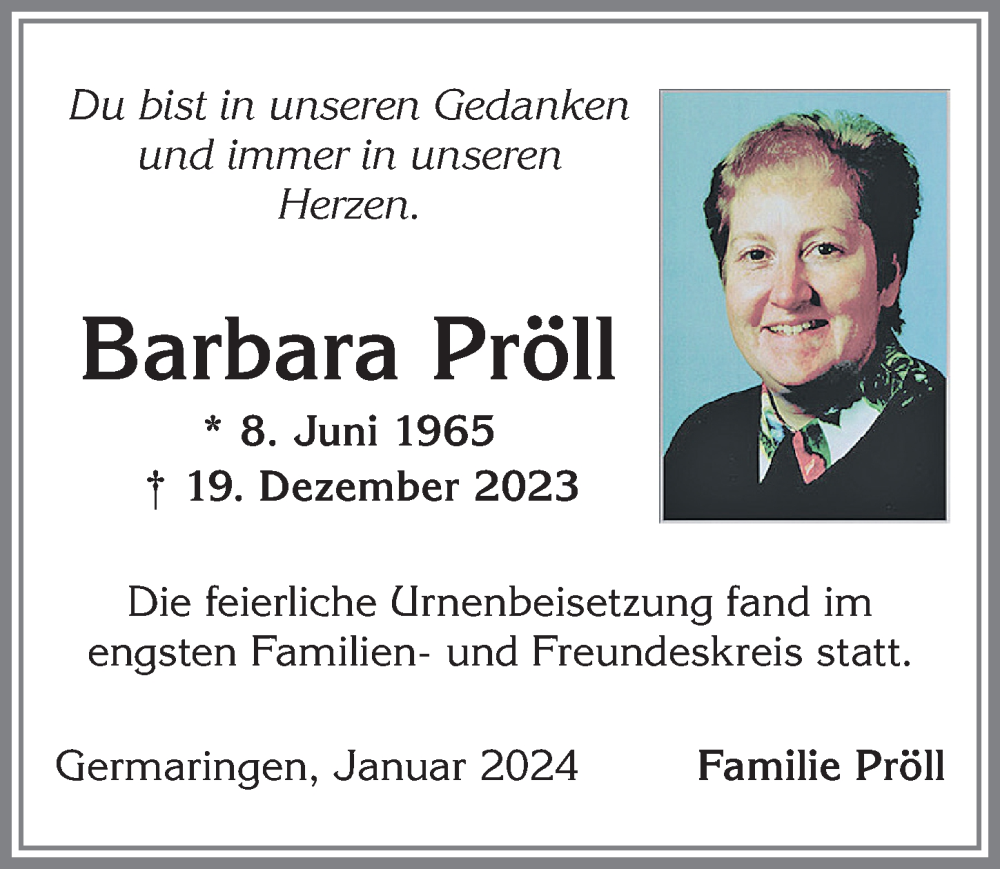 Traueranzeige von Barbara Pröll von Allgäuer Zeitung, Kaufbeuren/Buchloe