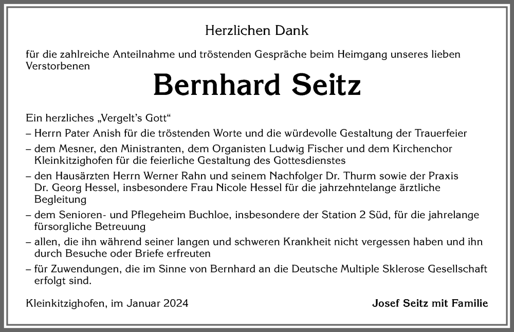 Traueranzeige von Bernhard Seitz von Allgäuer Zeitung, Kaufbeuren/Buchloe