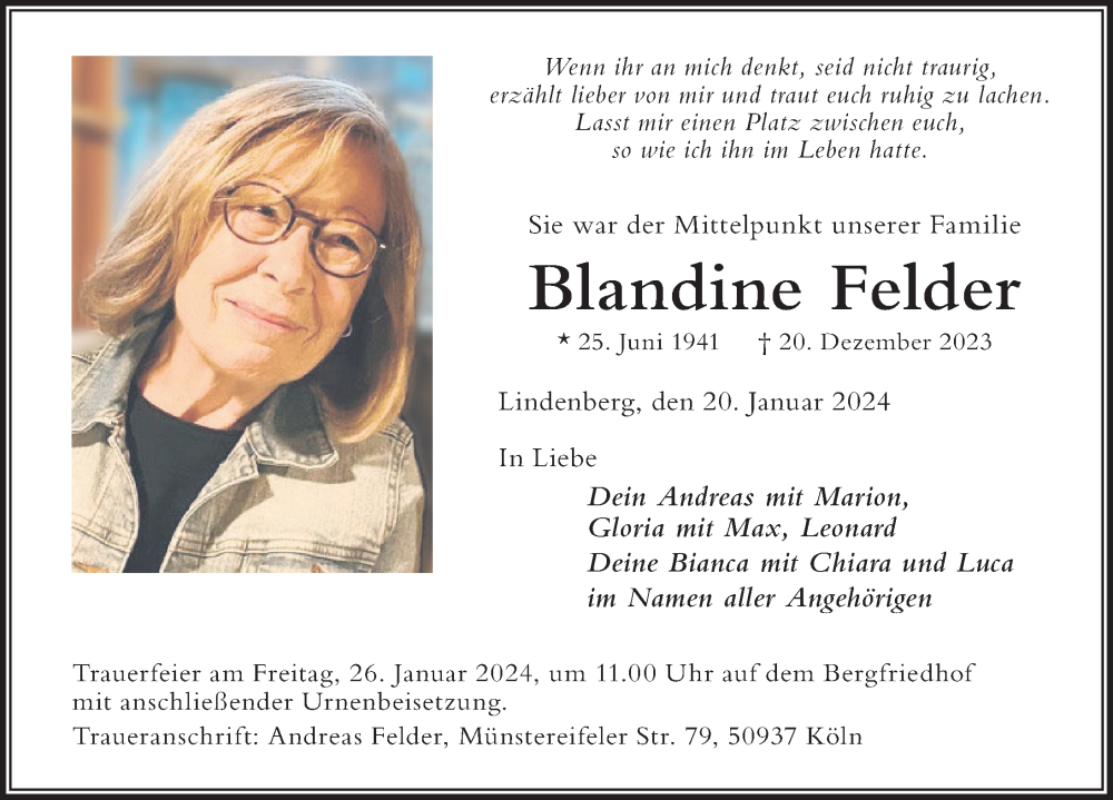 Traueranzeige von Blandine Felder von Der Westallgäuer