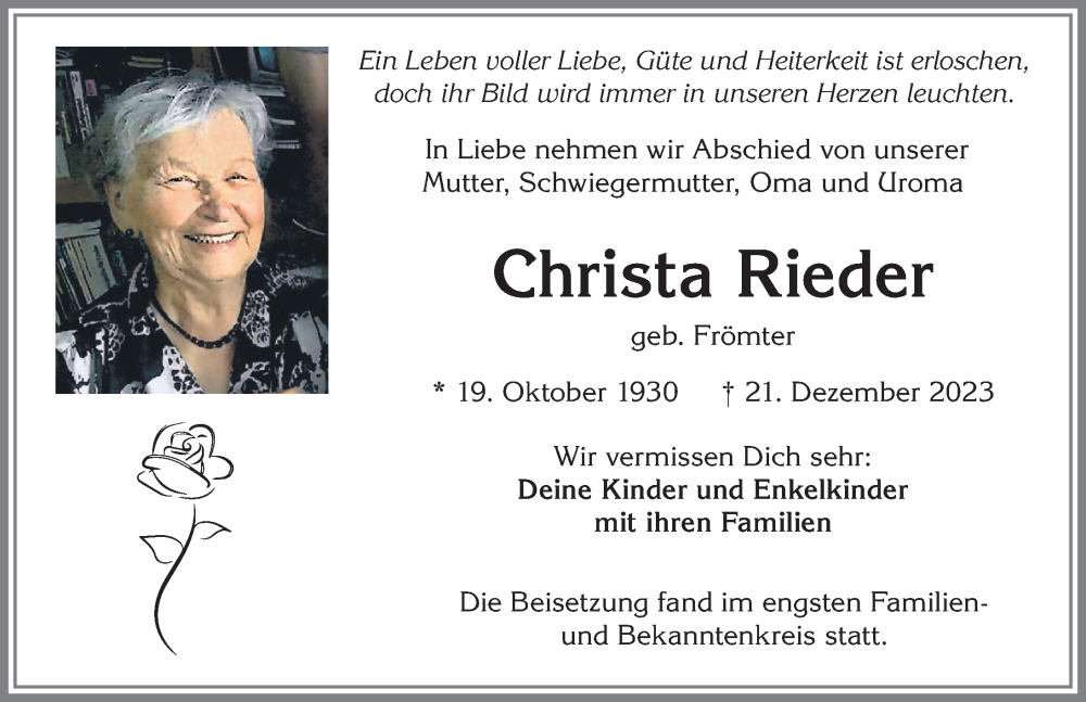 Traueranzeige von Christa Rieder von Allgäuer Zeitung, Kaufbeuren/Buchloe