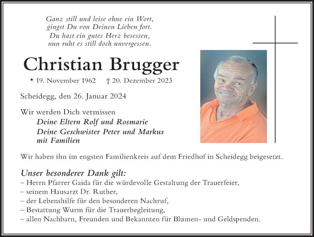 Traueranzeige von Christian Brugger von Der Westallgäuer