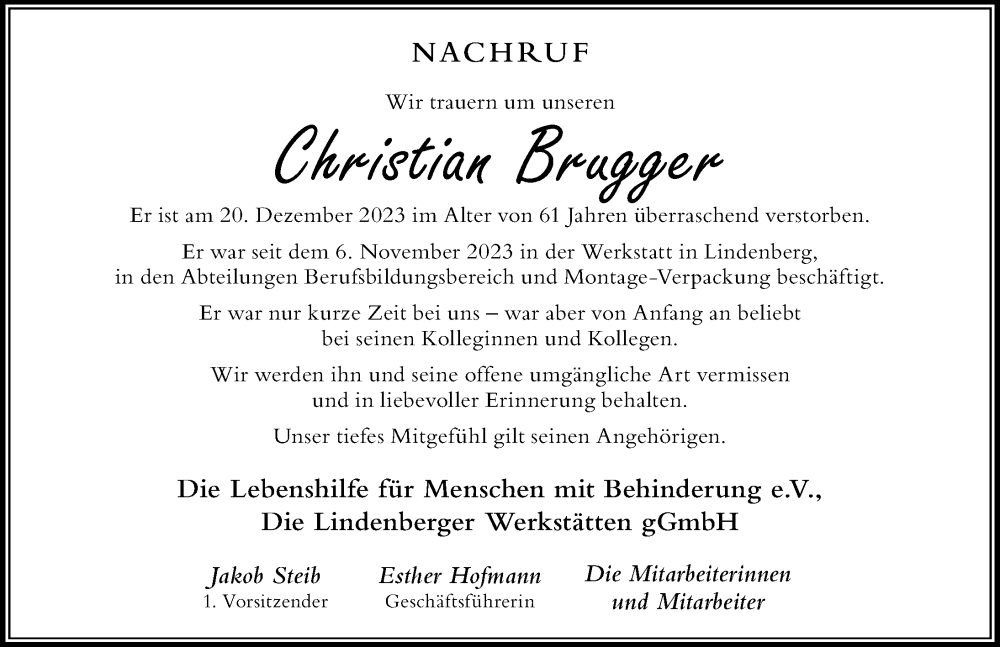 Traueranzeige von Christian Brugger von Der Westallgäuer