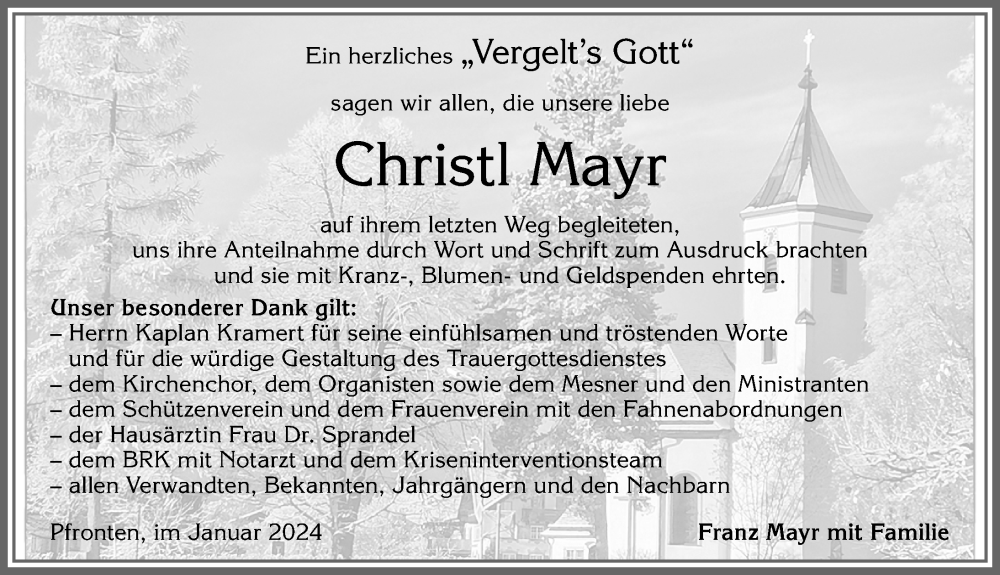 Traueranzeige von Christl Mayr von Allgäuer Zeitung, Füssen