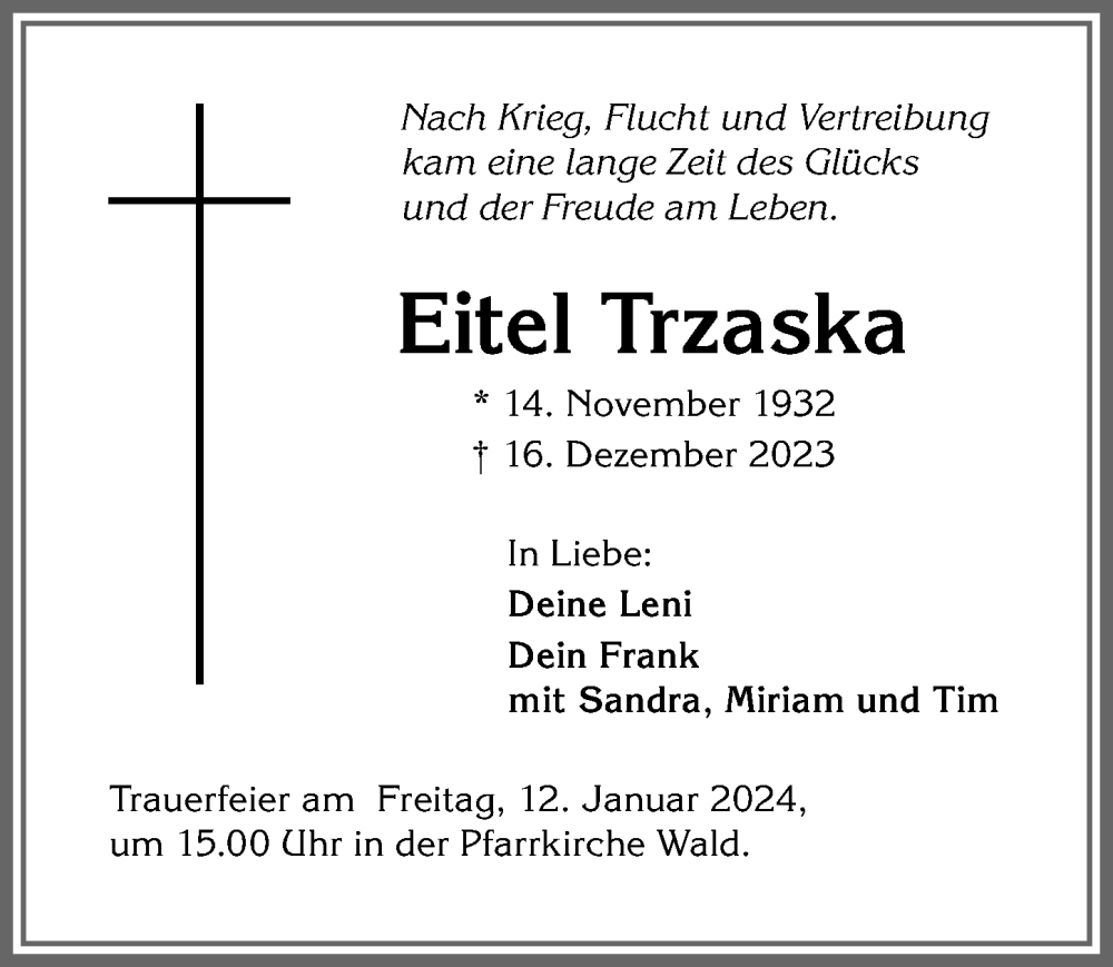 Traueranzeige von Eitel Trzaska von Allgäuer Zeitung, Marktoberdorf