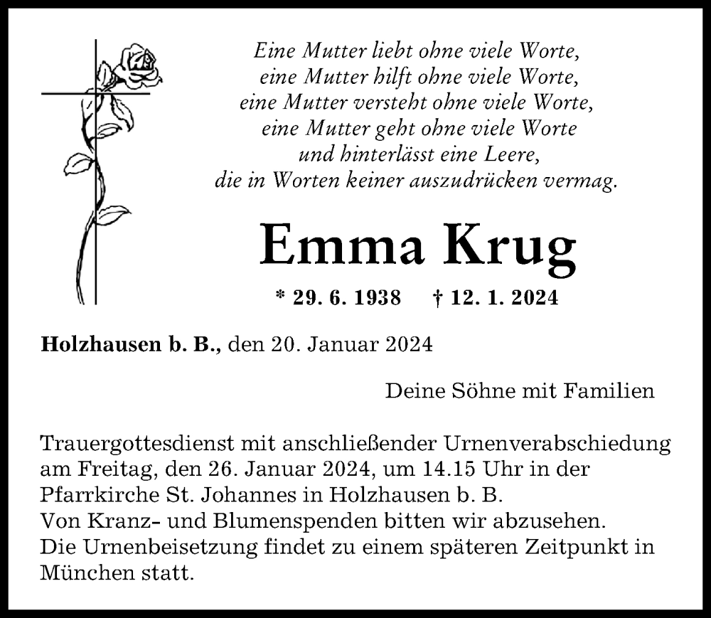 Traueranzeige von Emma Krug von Augsburger Allgemeine, Landsberger Tagblatt