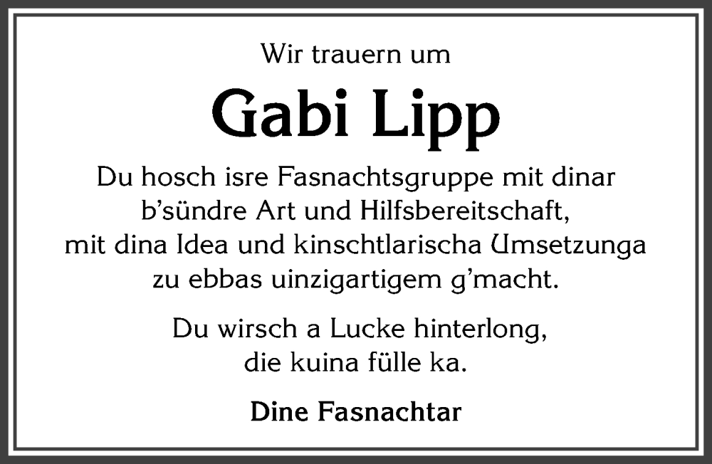 Traueranzeige von Gabi Lipp von Allgäuer Anzeigeblatt