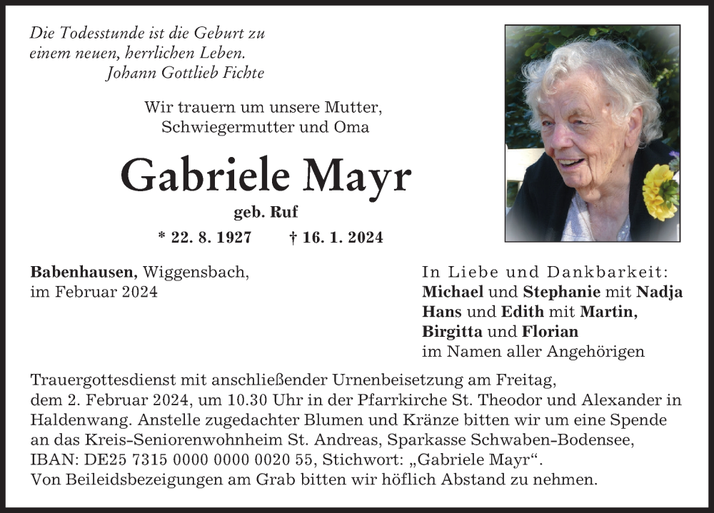 Traueranzeige von Gabriele Mayr von Augsburger Allgemeine, Illertisser Zeitung