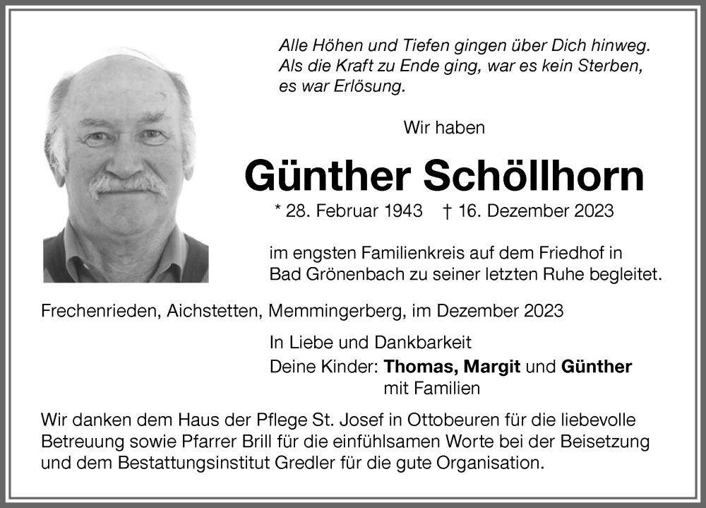 Traueranzeige von Günther Schöllhorn von Memminger Zeitung