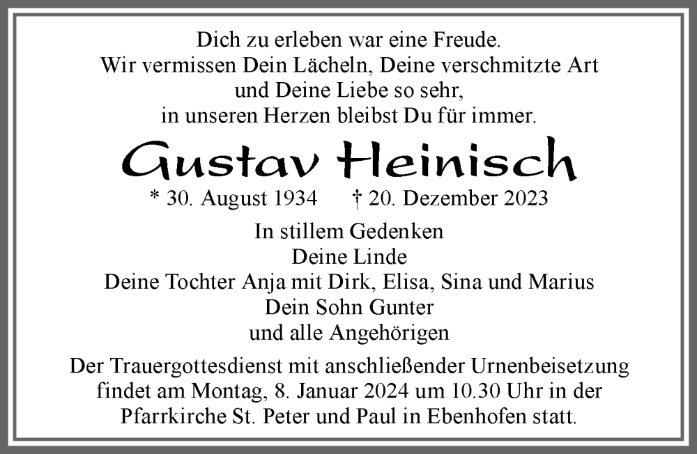 Traueranzeige von Gustav Heinisch von Allgäuer Zeitung, Marktoberdorf