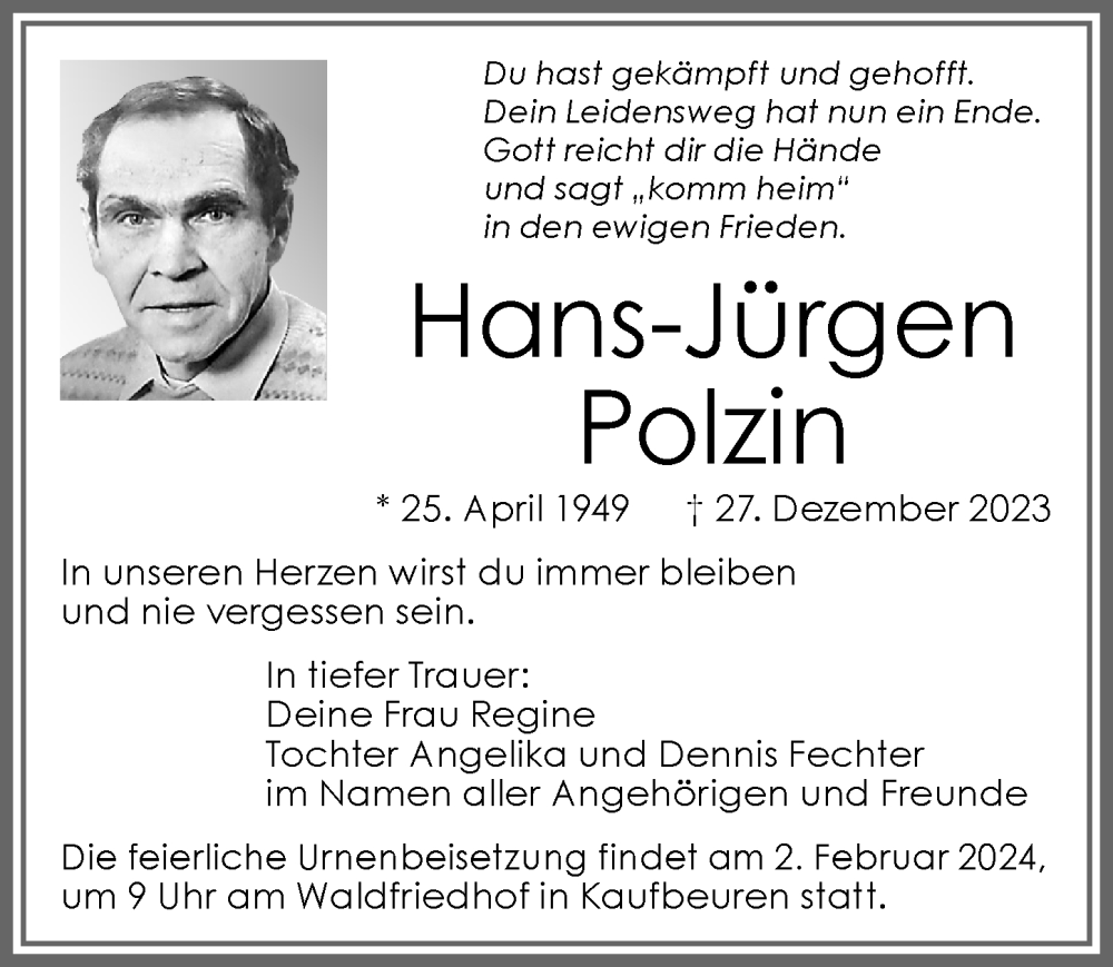 Traueranzeige von Hans-Jürgen Polzin von Allgäuer Zeitung, Kaufbeuren/Buchloe