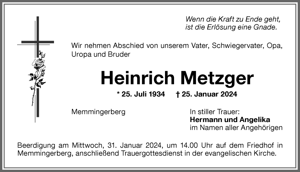 Traueranzeige von Heinrich Metzger von Memminger Zeitung