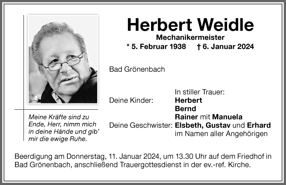 Traueranzeige von Herbert Weidle von Memminger Zeitung