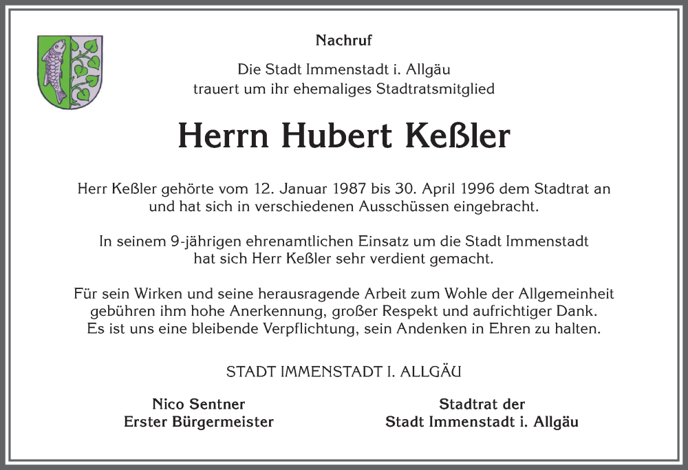 Traueranzeige von Hubert Keßler von Allgäuer Anzeigeblatt