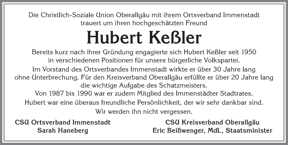 Traueranzeige von Hubert Keßler von Allgäuer Anzeigeblatt