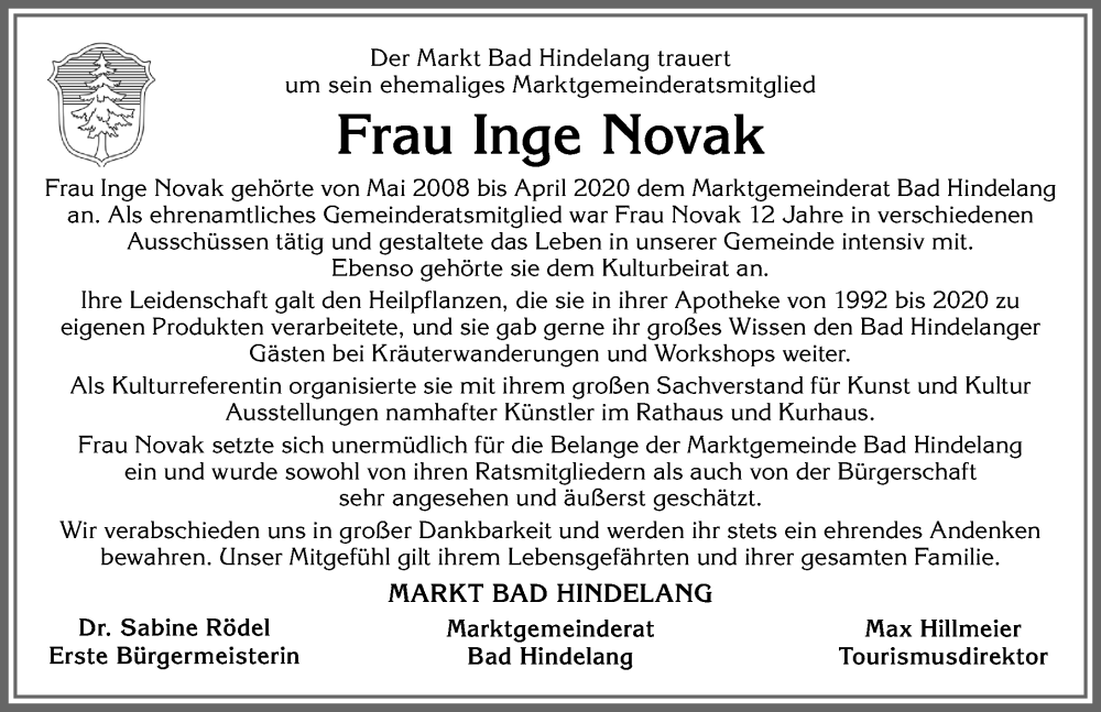 Traueranzeige von Inge Novak von Allgäuer Anzeigeblatt