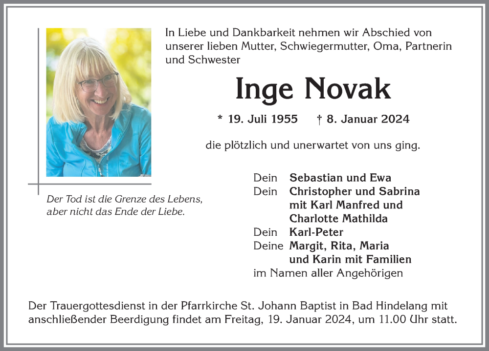 Traueranzeige von Inge Novak von Allgäuer Anzeigeblatt