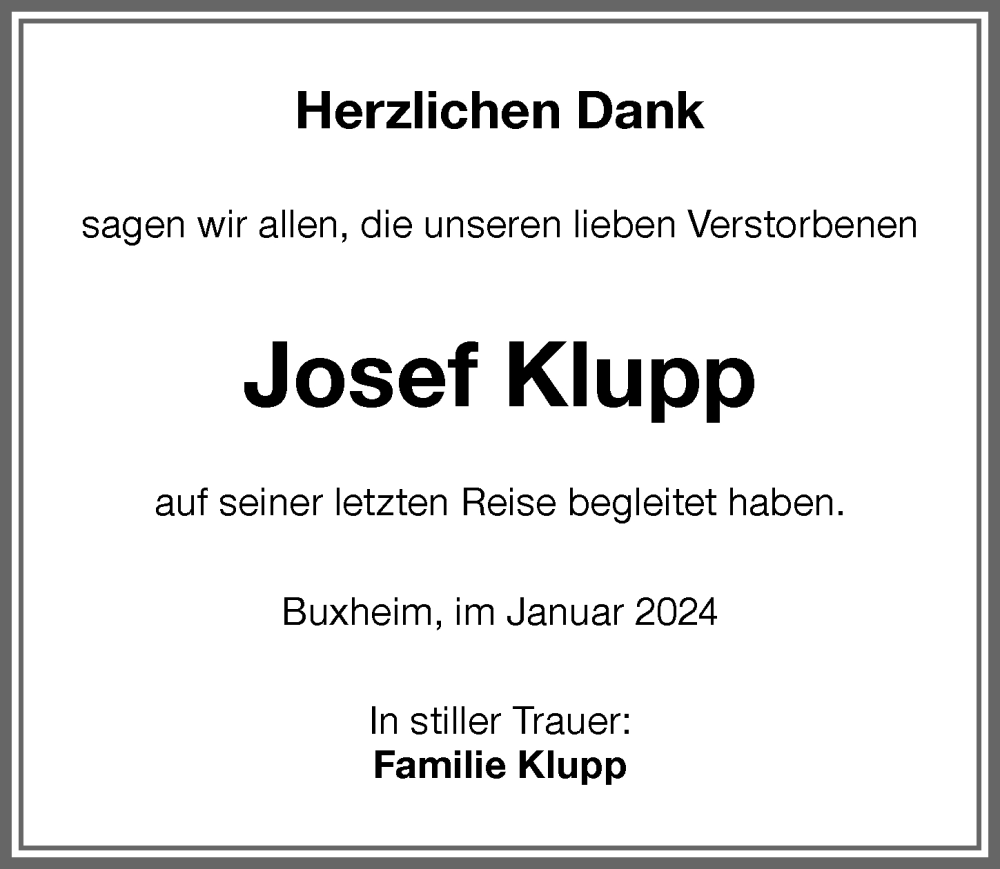 Traueranzeige von Josef Klupp von Memminger Zeitung