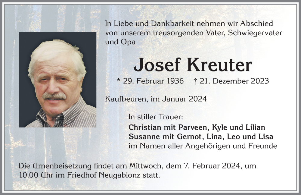 Traueranzeige von Josef Kreuter von Allgäuer Zeitung, Kaufbeuren/Buchloe