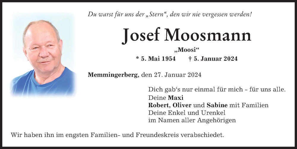 Traueranzeige von Josef Moosmann von Memminger Zeitung