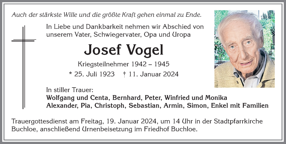 Traueranzeige von Josef Vogel von Allgäuer Zeitung, Kaufbeuren/Buchloe