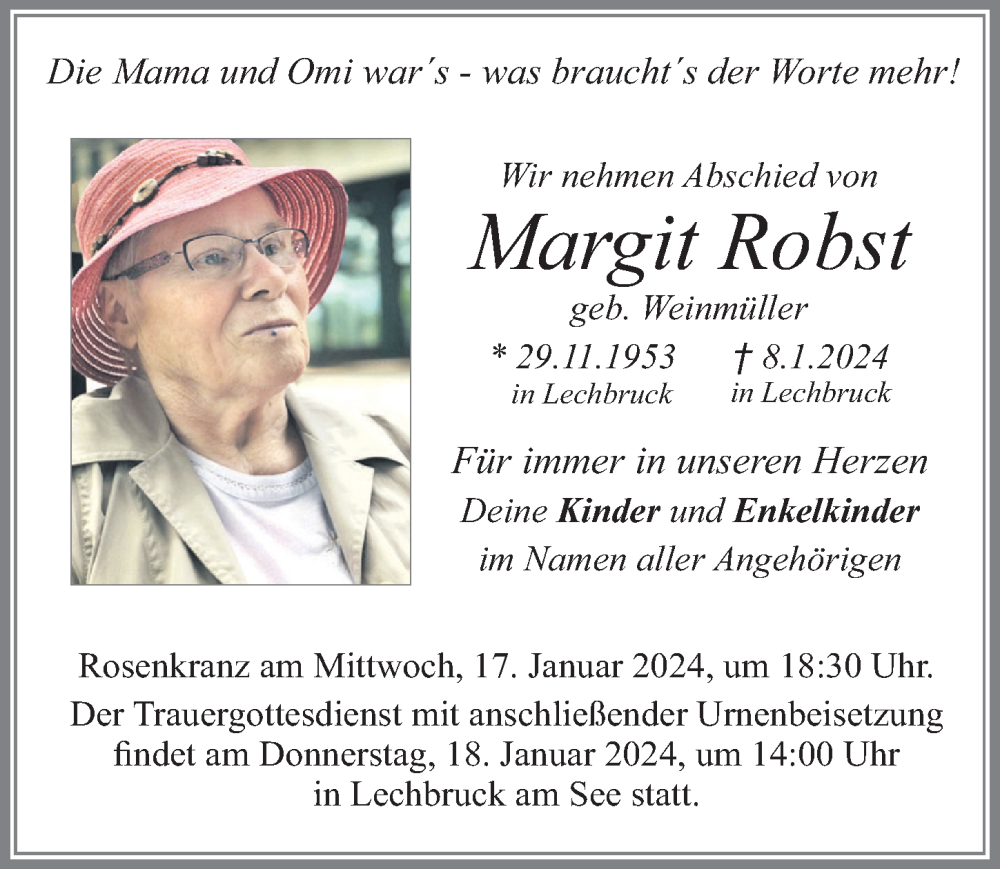 Traueranzeige von Margit Robst von Allgäuer Zeitung, Füssen