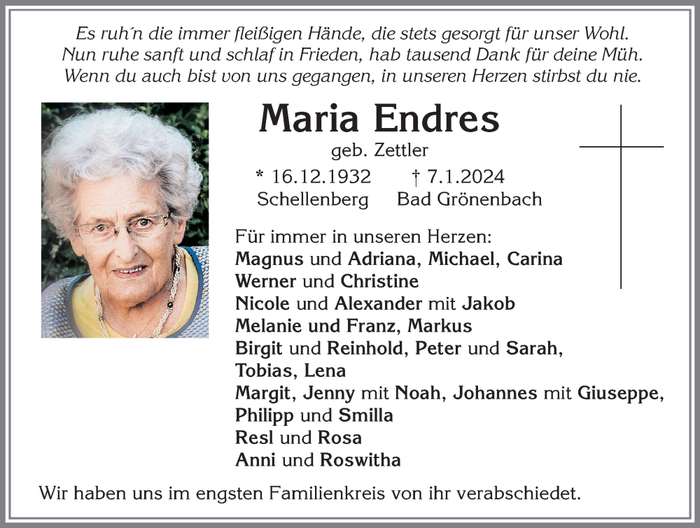 Traueranzeige von Maria Endres von Memminger Zeitung