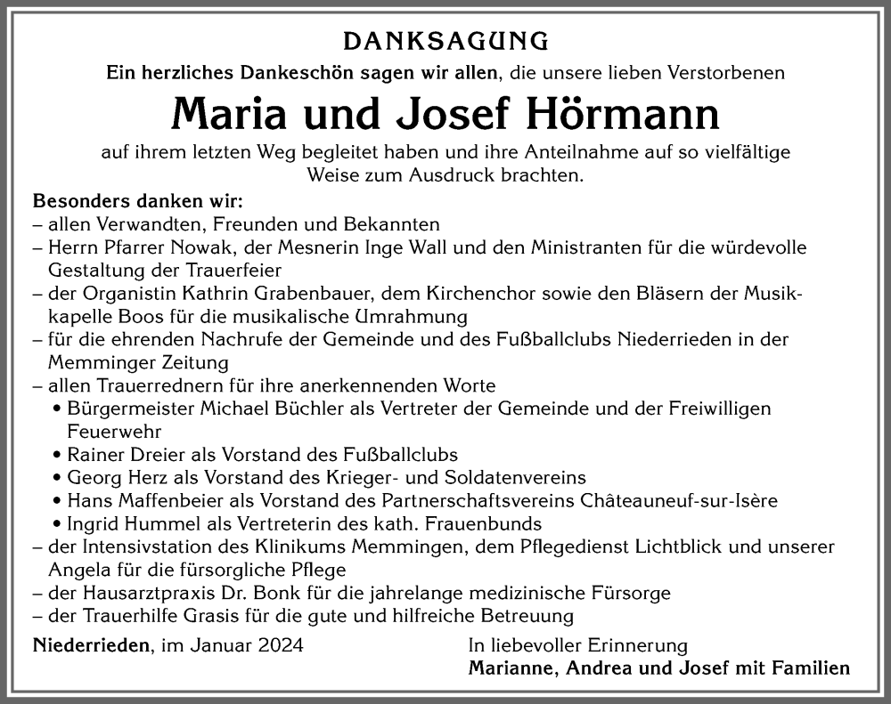 Traueranzeige von Maria Hörmann von Memminger Zeitung
