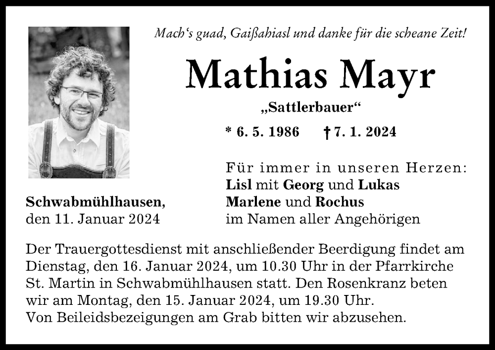  Traueranzeige für Mathias Mayr vom 11.01.2024 aus Augsburger Allgemeine, Landsberger Tagblatt, Augsburg-Land