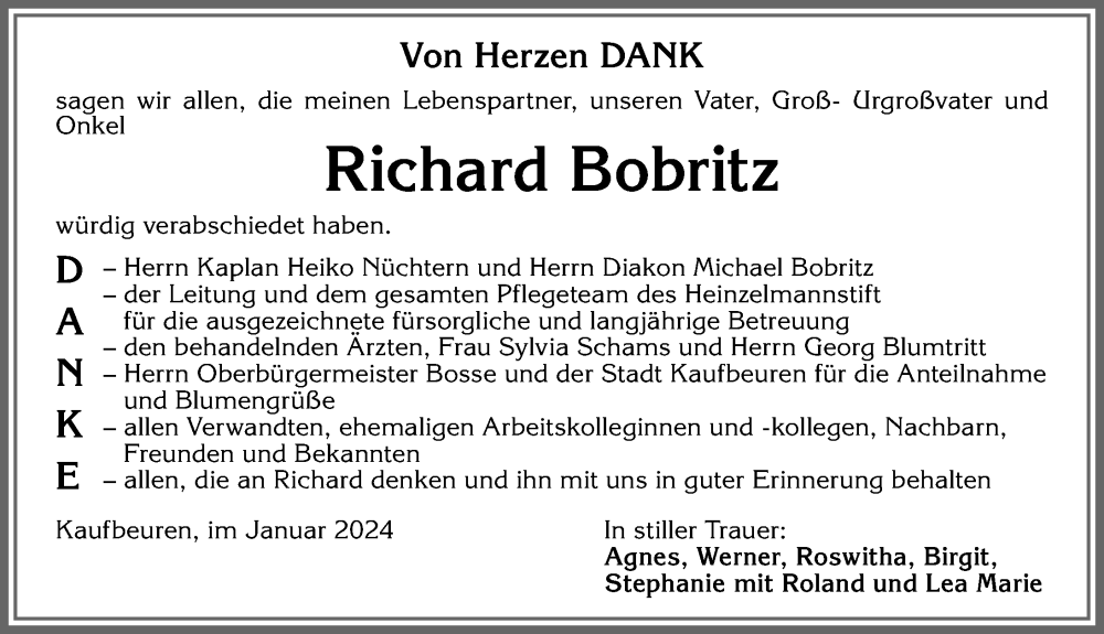 Traueranzeige von Richard Bobritz von Allgäuer Zeitung, Kaufbeuren/Buchloe