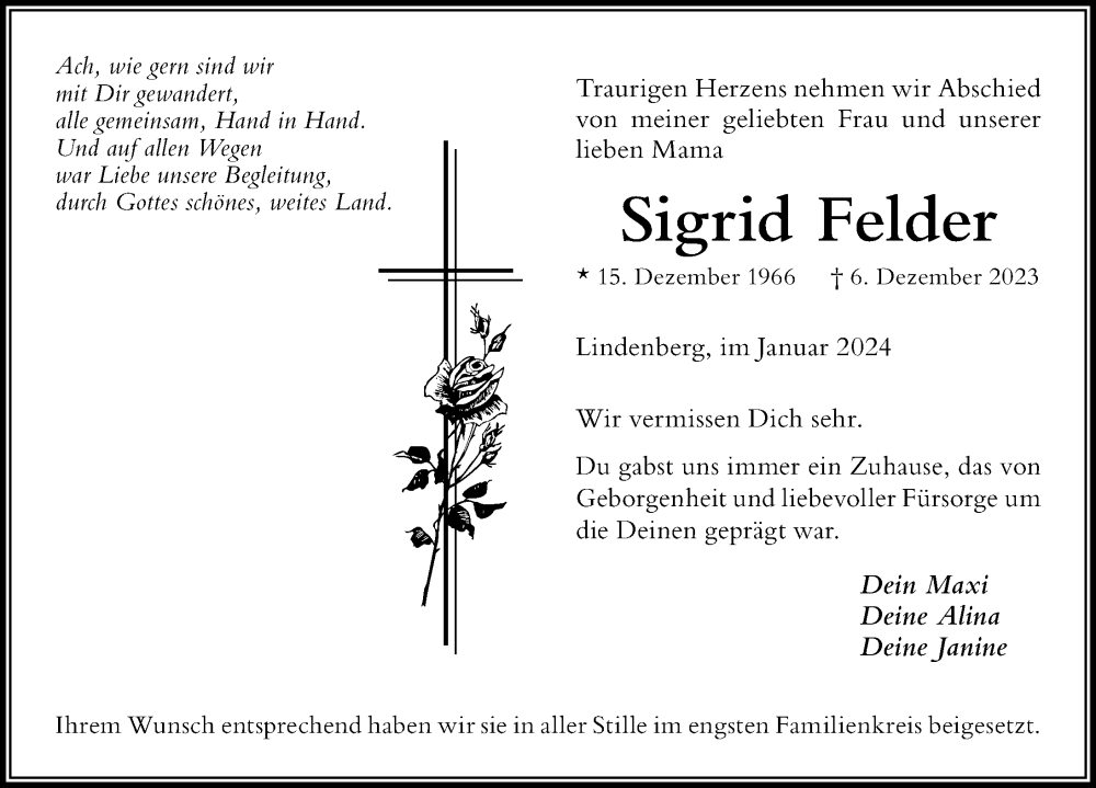 Traueranzeige von Sigrid Felder von Der Westallgäuer